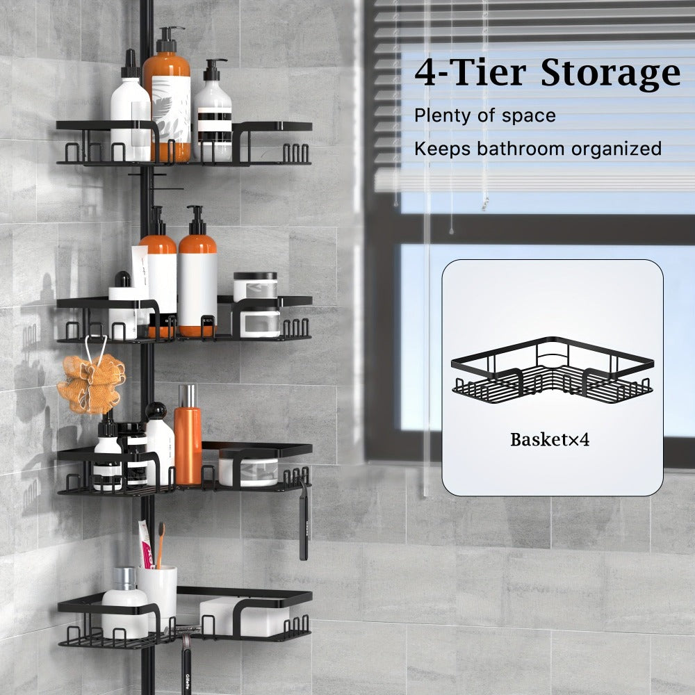Estante de esquina para baño de 4 niveles a prueba de óxido, caja de almacenamiento para bañera para accesorios de champú, de pie ajustable, estante de almacenamiento para baño a prueba de óxido con barra de tensión, adecuado para artículos esenciales de