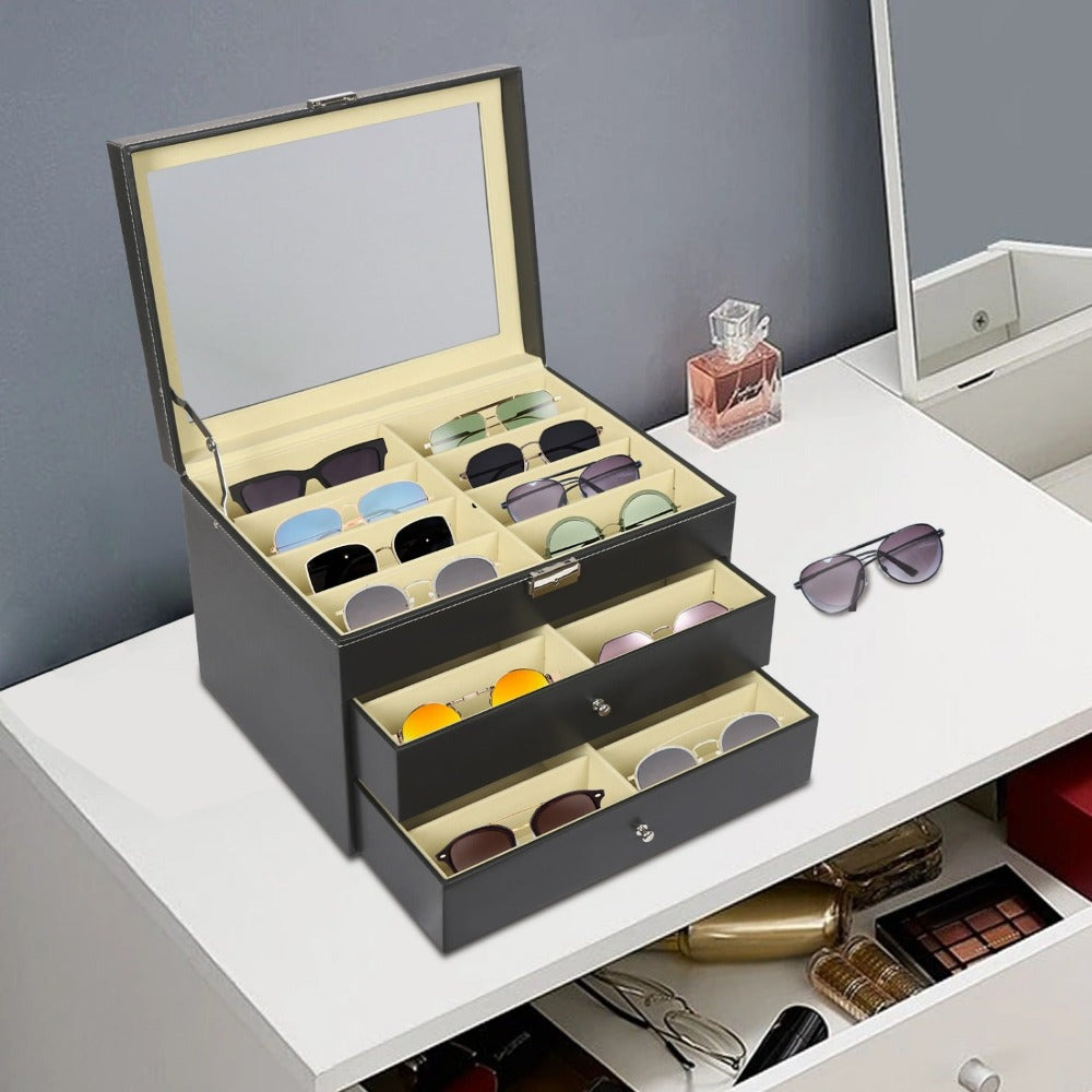 Organizador de gafas de sol, organizador de almacenamiento de gafas de sol, estuche con tapa de cristal para gafas, organizador con cerradura, caja expositora de gafas para mujer y hombre (negro)