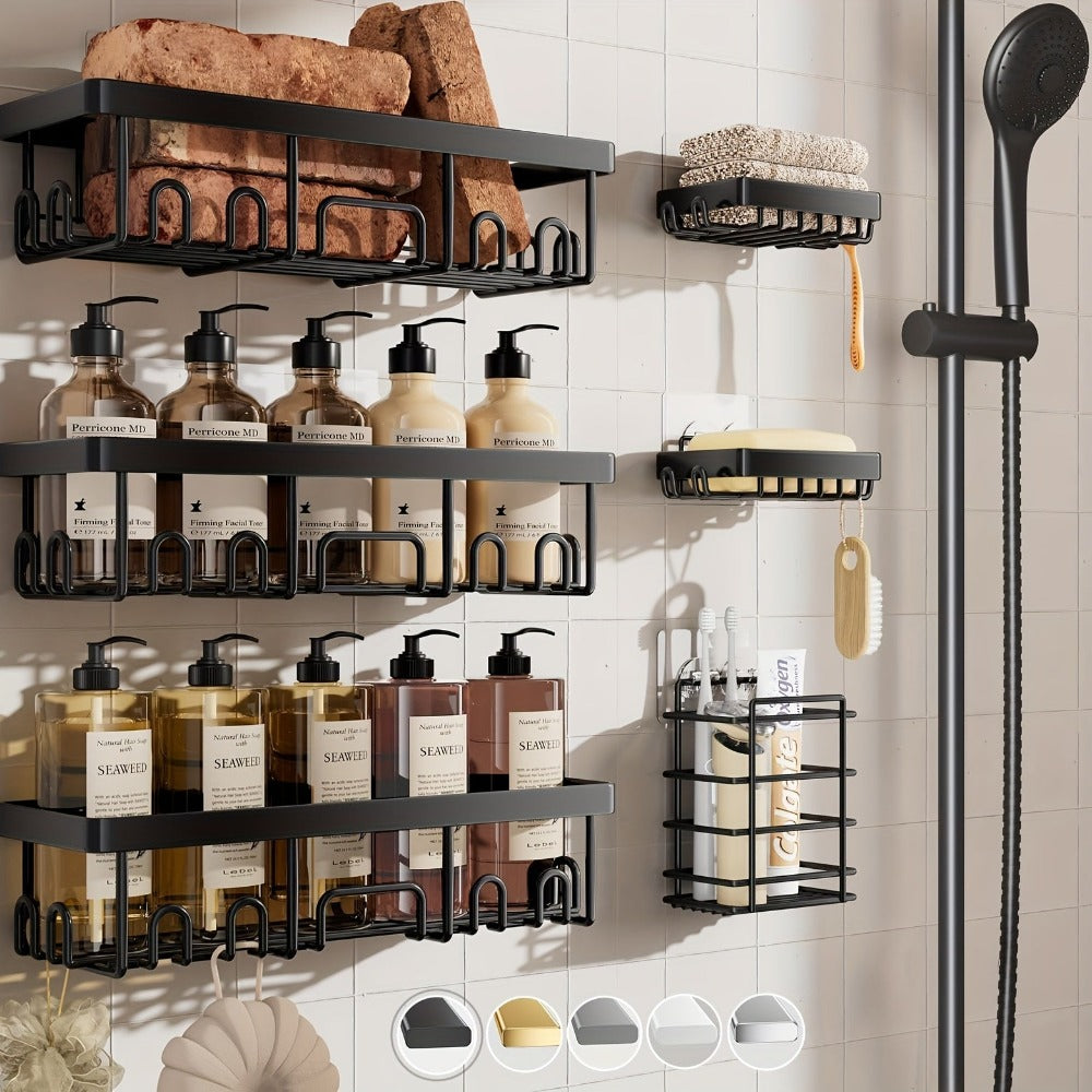 Juego de 6 estantes de ducha de acero inoxidable a prueba de óxido, organizador de baño adhesivo sin taladro, estantes de ducha que ahorran espacio para elementos esenciales de apartamento, baño, almacenamiento de cocina, decoración del hogar rentable, es