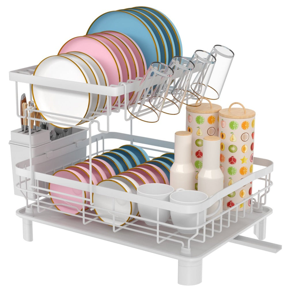 Estante de Platos de Doble Capa, Escurridor de Platos con Plato de Drenaje y Boquilla Giratoria, Estante de Platos con Organizador de Cubiertos y Portavasos - Regalo Perfecto para Mujeres, Esposa, Día de la Madre, Accesorio de Cocina