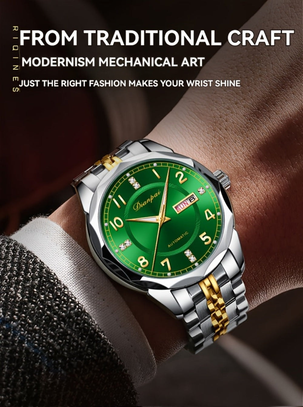 Reloj mecánico automático Dianpai para hombre - Acero inoxidable, esfera verde con marcadores dorados, indicador de fecha, pulsera de cadena de muñeca - Reloj de lujo para fiesta y uso casual, no necesita batería, regalo ideal para él, reloj de pulsera ca