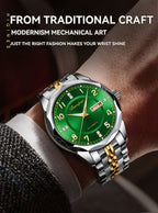 Reloj mecánico automático Dianpai para hombre - Acero inoxidable, esfera verde con marcadores dorados, indicador de fecha, pulsera de cadena de muñeca - Reloj de lujo para fiesta y uso casual, no necesita batería, regalo ideal para él, reloj de pulsera ca