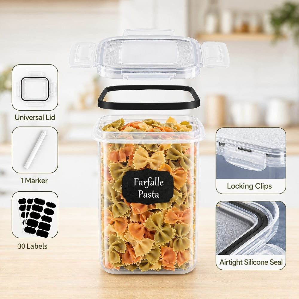Juego de almacenamiento de cocina de alta gama de 32 piezas. Contenedor de almacenamiento sellado, utilizado para refrigeradores, salas de té y gabinetes. La opción ideal para harina, azúcar, pasta, granos y aditivos para pasteles. Incluye bolígrafo y eti