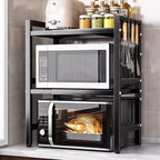 Estante de microondas resistente de 3 niveles ajustable, estante de almacenamiento horizontal para cocina, estante para guardar cubiertos, material de acero al carbono negro mate, equipado con 6 ganchos, artefacto de almacenamiento multifuncional de doble