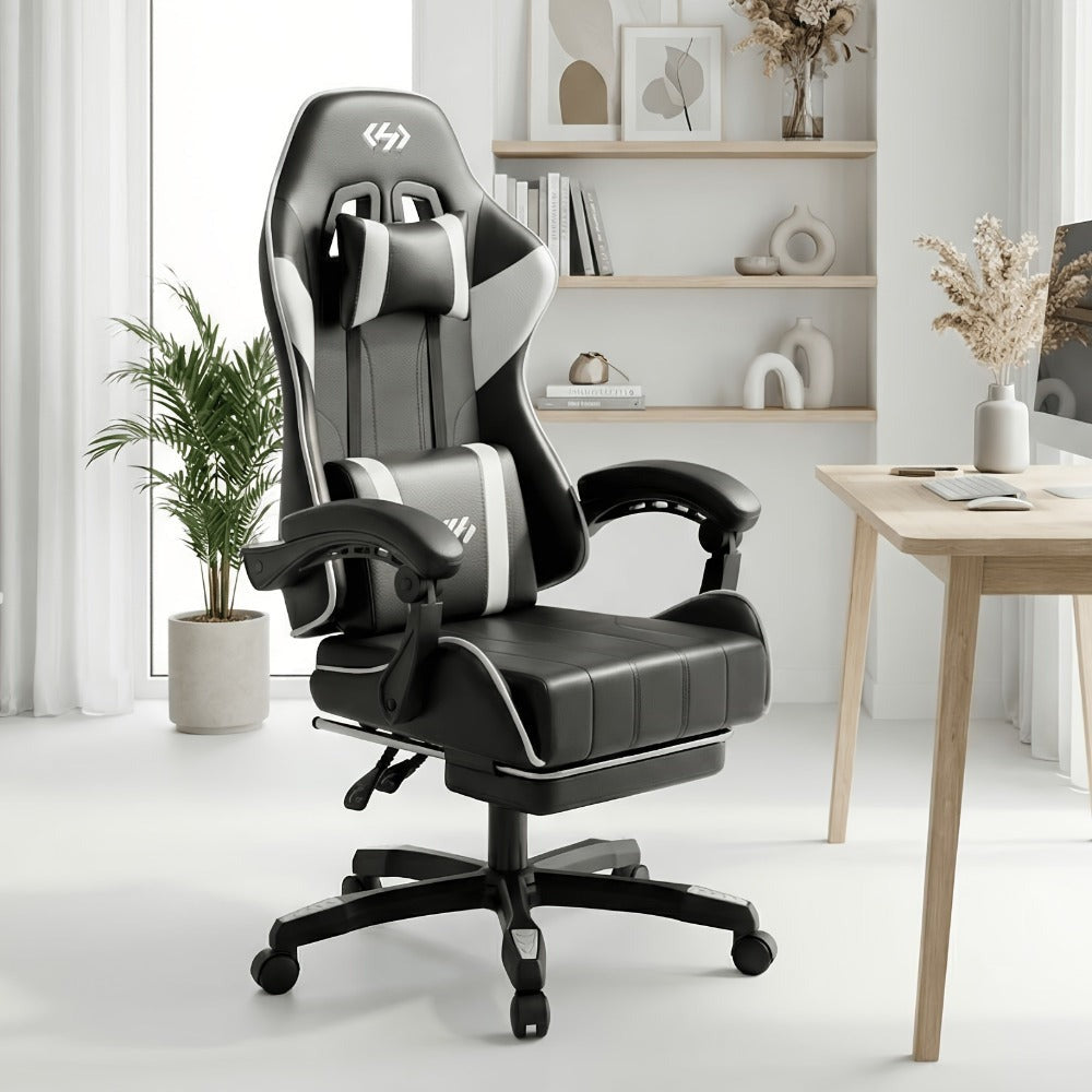 Silla de gaming ergonómica, silla de oficina con altura y respaldo ajustables, silla de oficina para computadora con soporte lumbar, reposapiés y reposacabezas, silla de gaming giratoria 360° con reposabrazos articulados
