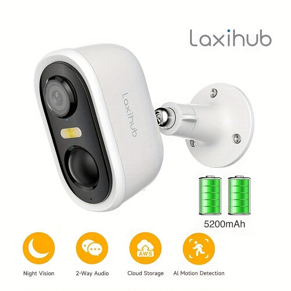 Cámara de seguridad LaxiHub Wifi para exterior con batería, resolución de video 3MP 1296P FHD, cámara CCTV con batería de 5200mAh para seguridad del hogar, detección de movimiento con IA, foco, visión nocturna a color, audio bidireccional
