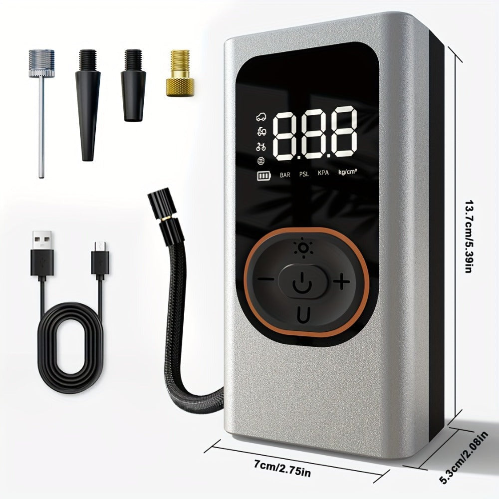 Inflador de neumáticos portátil inalámbrico de 150 PSI con medidor digital y luz LED, compresor de aire recargable USB-C - Infla rápidamente coches, bicicletas, motocicletas, balones, etc., herramienta portátil para inflar neumáticos, equipo de viaje para