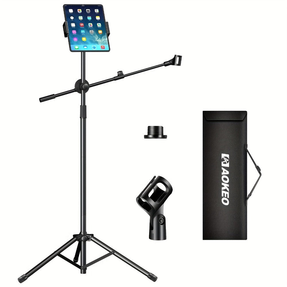Soporte de Micrófono Profesional Aokeo con Trípode Ajustable, Soporte para Tableta y Bolsa de Transporte - Construcción de Hierro Negro, Conector XLR, Ideal para Actuaciones, Canto y Discursos, Equipo de Audio Profesional | Soporte de Micrófono Ajustable