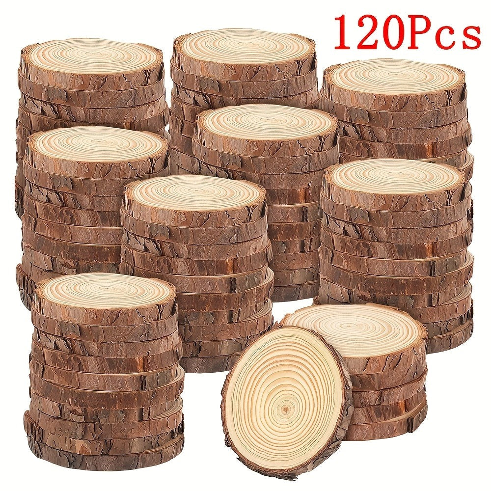 120 discos de madera con corteza, naturales y sin procesar, que miden 5-6 cm, ideales para proyectos artísticos, manualidades, decoraciones navideñas y decoración rústica para bodas