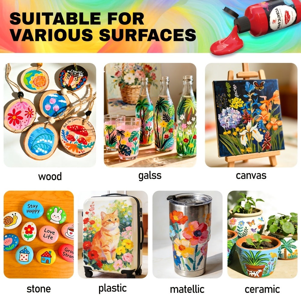 TBC The Best Crafts Juego de 24 Pinceles de Colores, 10 Pinceles Profesionales + Esponja + Cuchillo de Pintura, Incluye 250 ml (8.45 oz) de Pintura Acrílica por Cada Uno, No Tóxico, para Uso Artístico Profesional