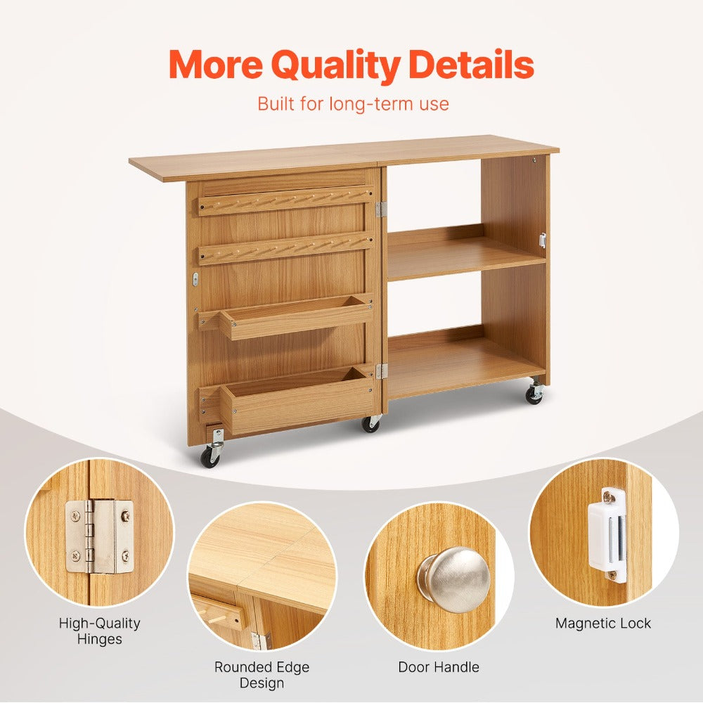 Mesa de costura plegable VEVOR con ruedas con cerradura estantes bandejas puerta color madera