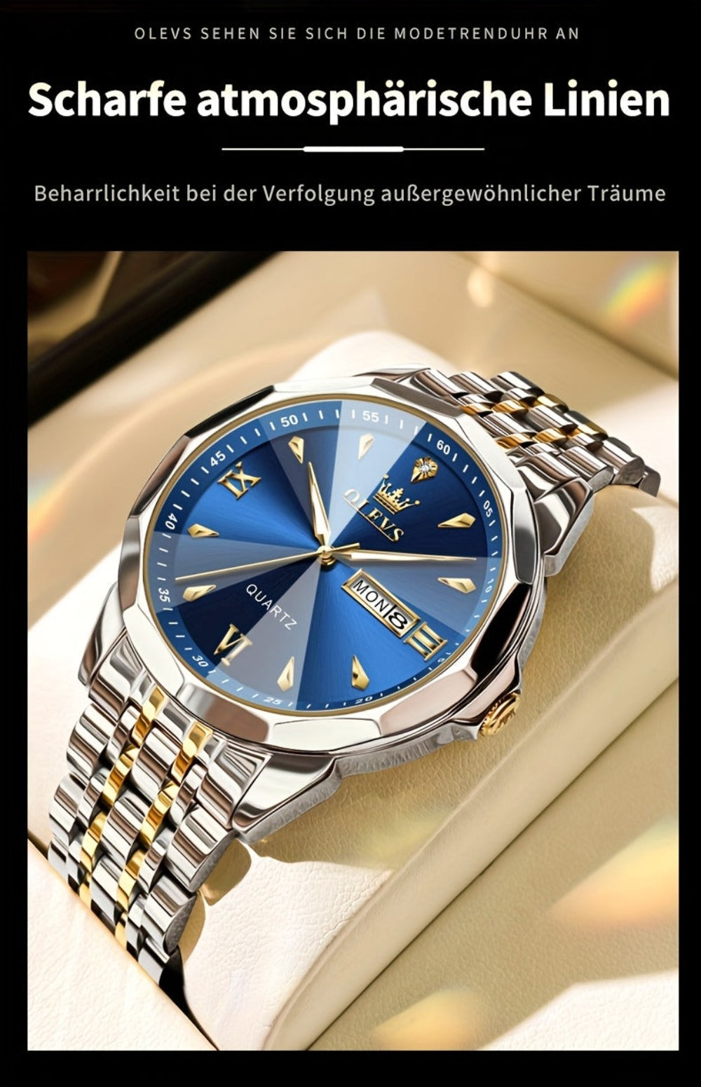OLEVS Reloj para Hombre Clásico Analógico Cuarzo Cronógrafo Negocios Vestir Relojes de Diamantes de Imitación Elegante Lujo Acero Inoxidable Fase de Luna Calendario Relojes de Hombre Relojes De Hombre Esfera Azul/Negro/Blanco/Gris
