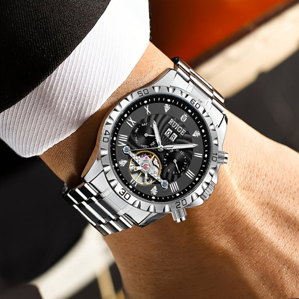 Reloj mecánico automático de lujo para hombres con indicador de día y fecha, adecuado para ocasiones formales e informales, un regalo perfecto