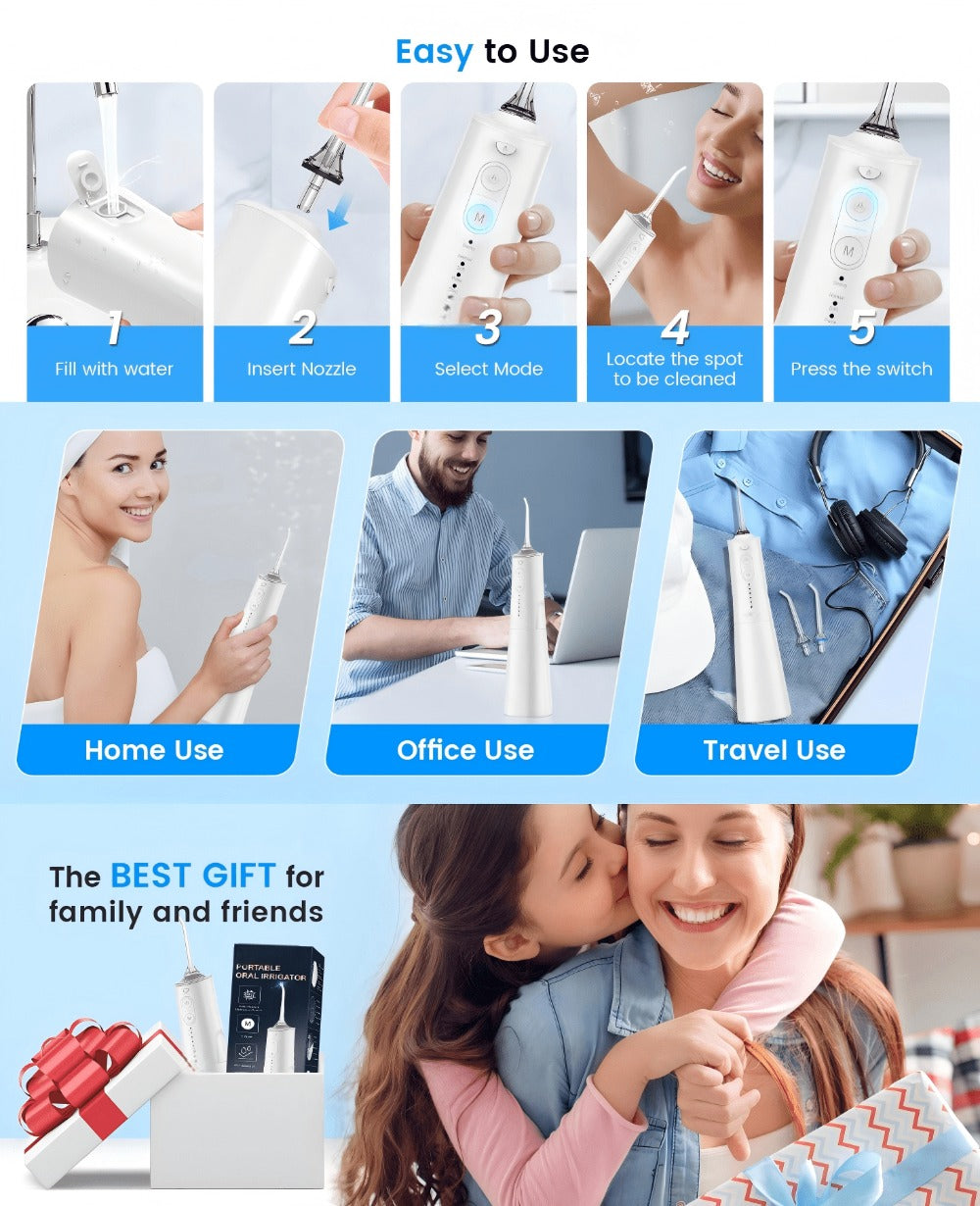 Irrigador bucal portátil recargable, hilo dental con agua para dientes, irrigador dental inalámbrico profesional 8 boquillas 5 modos, IPX7 a prueba de agua 300ML para limpiar los dientes, hogar y viaje
