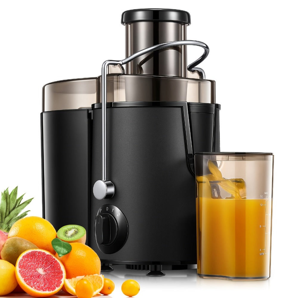 Licuadora de 400W con un gran conducto de alimentación para frutas y verduras enteras, fácil de limpiar, diseño centrífugo de acero inoxidable, base antideslizante, extremo plateado