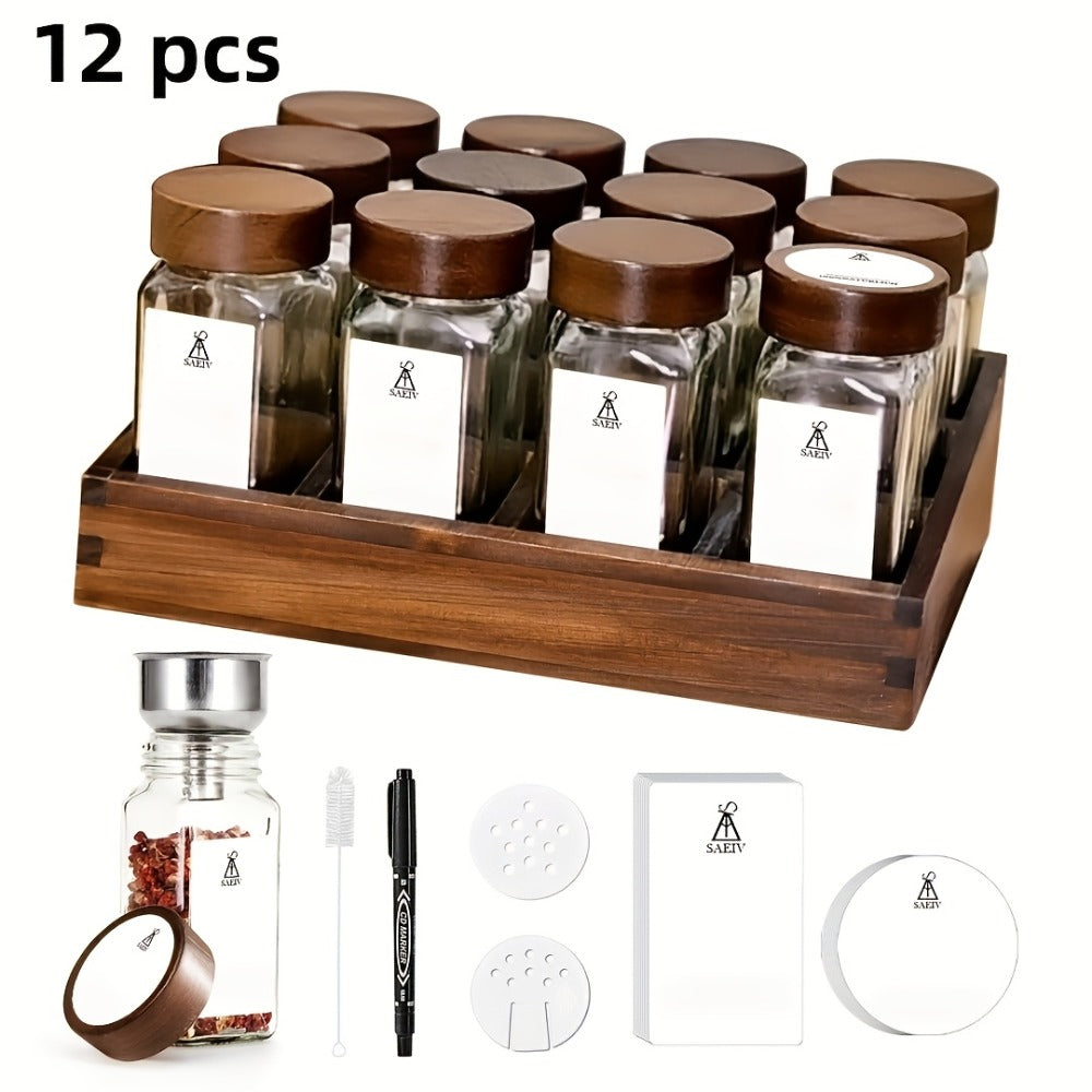 12/24 Piezas de Tarros para Especias y Estante de Madera de Acacia con Compartimentos - Cajón Vertical Adecuado para Despensa, Estante de Gabinete, Estante para Especias con Tarros Etiquetados, Etiquetas para Especias, Contenedores para Almacenamiento de