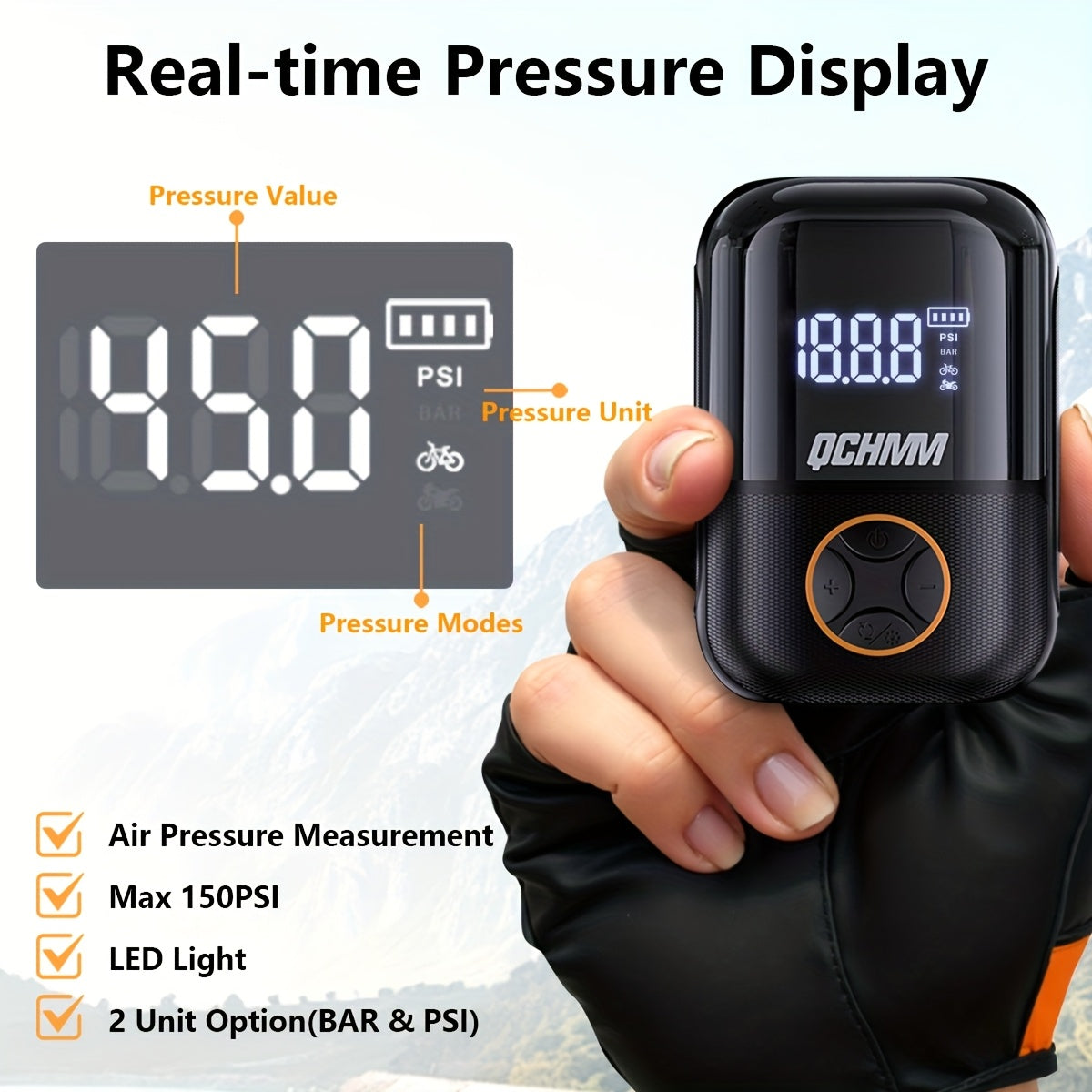 QCHMM Inflador de Bicicleta, Última Bomba de Aire Compacta de 150 PSI para Bicicletas, con Pantalla Digital LCD de Presión, Batería Recargable Tipo-C, Adecuado para Bicicletas, Motocicletas y Balones Deportivos