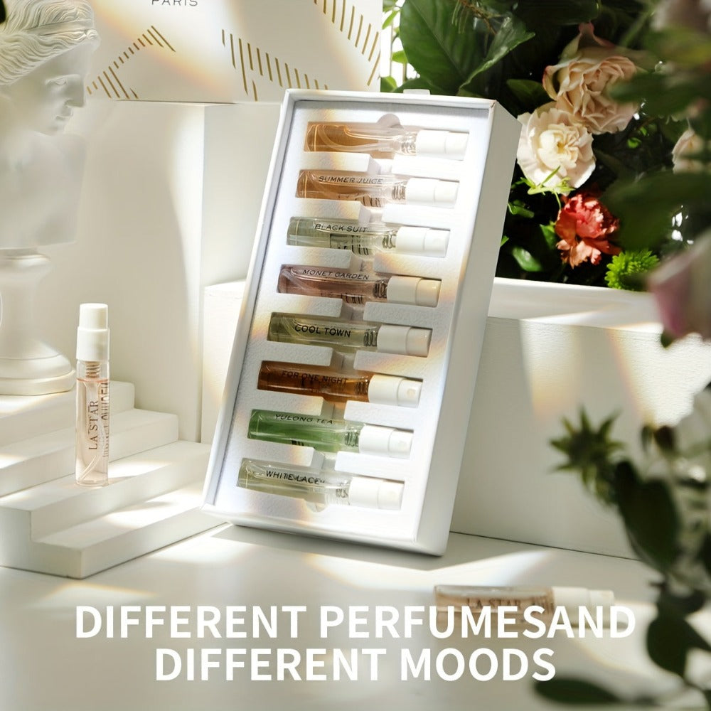 LASTAR Caja de Regalo de Perfume, 8 Bolsillos de Perfume, Fragancia Fresca para Mujer Perfume Duradero, Flores de Frutas Amaderadas con Combinación de Aromas Diferentes, Artículo Esencial para el Hogar, Citas y Viajes, Buen Regalo de Vacaciones para Mujer