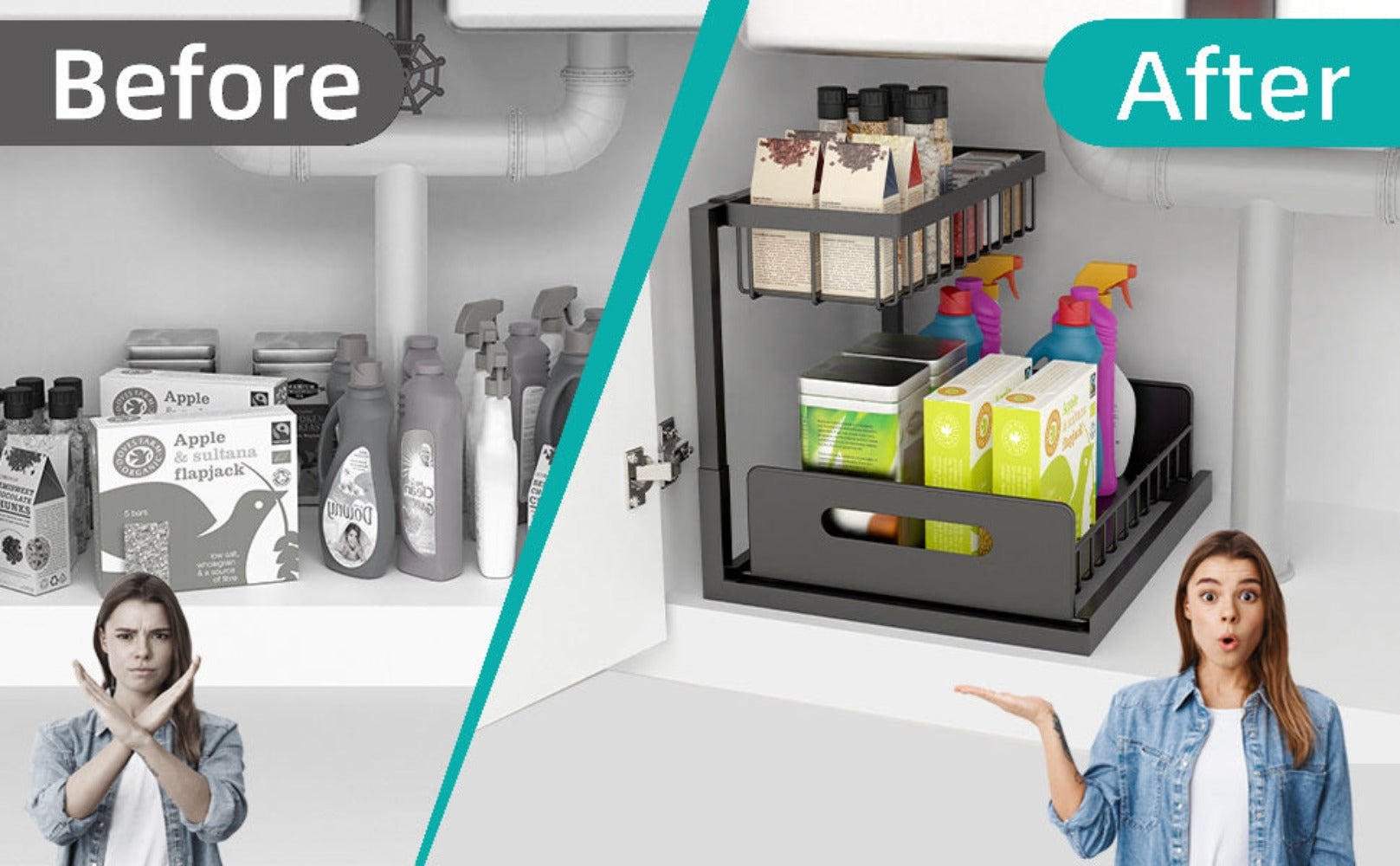 2 estantes metálicos para fregadero, estantes de almacenamiento de gabinete de 2 pisos con cajones deslizantes, gabinetes de almacenamiento extraíbles para fregadero, cocina, baño, despensa, estantes multiusos para fregadero, organizadores debajo del freg