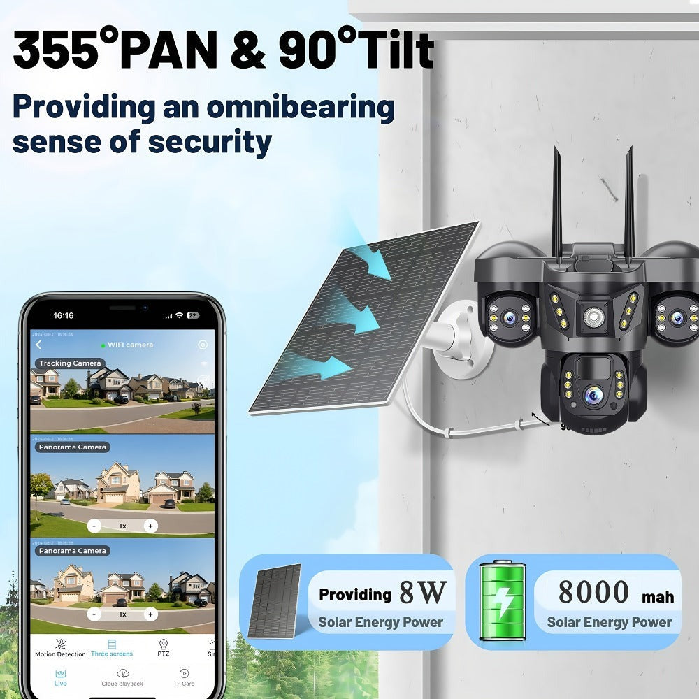 Cámara solar con WiFi V380 PRO de 3 lentes, 1080P, resistente al agua, HD, para exteriores, CCTV, visión nocturna, audio bidireccional, cámara de red con seguimiento de movimiento, cámara PTZ, seguimiento automático, alarma y visión nocturna en color, rot