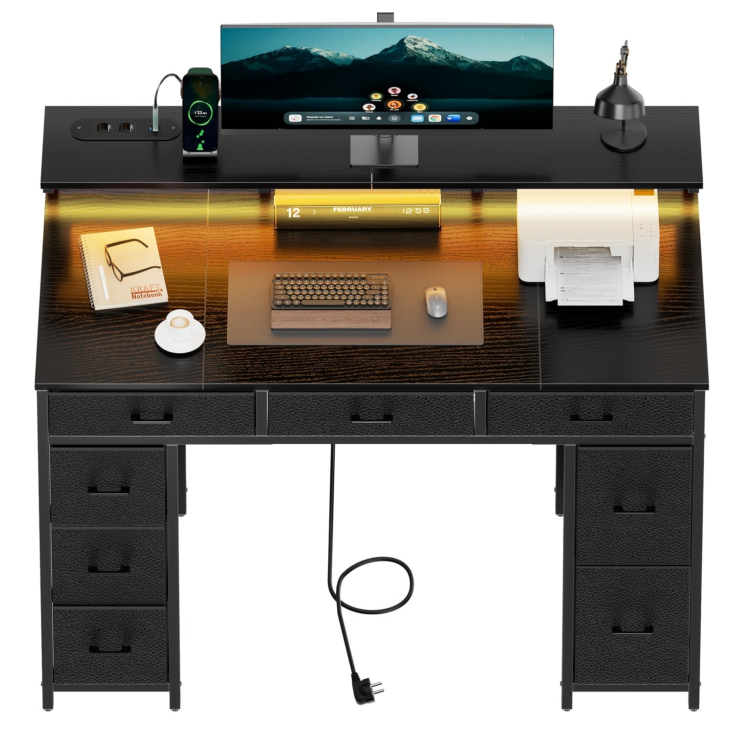 Escritorio | Escritorio con cajones anchos y 8 cajones de tela, escritorio de ordenador con toma de corriente y luz LED, escritorio de oficina en