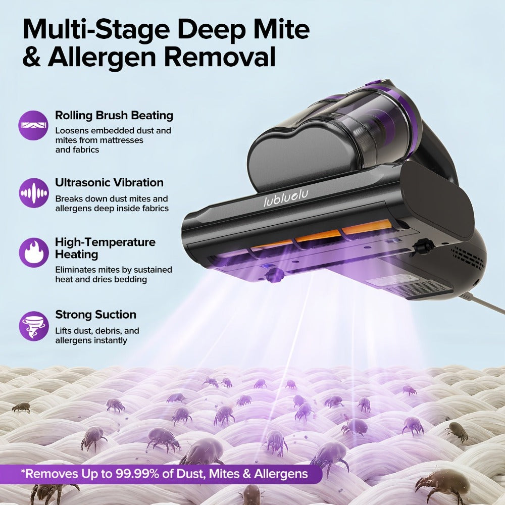 Aspiradora Lubluelu para ácaros del polvo de colchón, aspiradora de cama 3 en 1 con motor de 350W, succión de 24kPa, flujo de aire de 100AW, eliminación de ácaros con tecnología de ondas de sonido, cepillo giratorio, secado con aire caliente, depósito de
