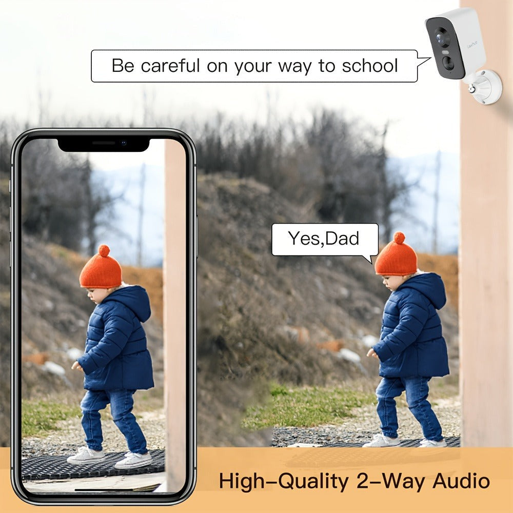 Cámara de seguridad LaxiHub Wifi para exterior con batería, resolución de video 3MP 1296P FHD, cámara CCTV con batería de 5200mAh para seguridad del hogar, detección de movimiento con IA, foco, visión nocturna a color, audio bidireccional