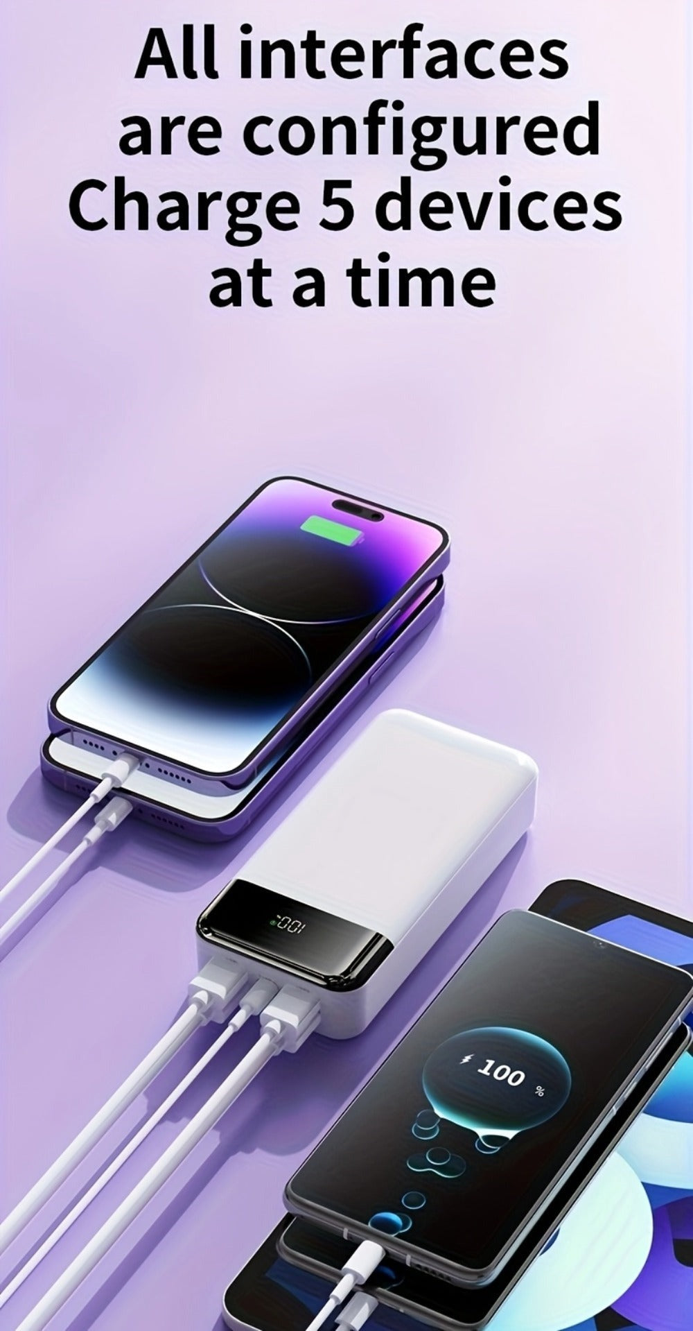 Suministro de Energía Móvil de Gran Capacidad de 50000mAh, con Pantalla LED, Linterna y Reserva de Energía de Emergencia, Carga Rápida de 22.5W - Luz de Camping para Exteriores, Adecuada para Teléfonos, Android y Dispositivos Digitales, Regalo de Vacacion