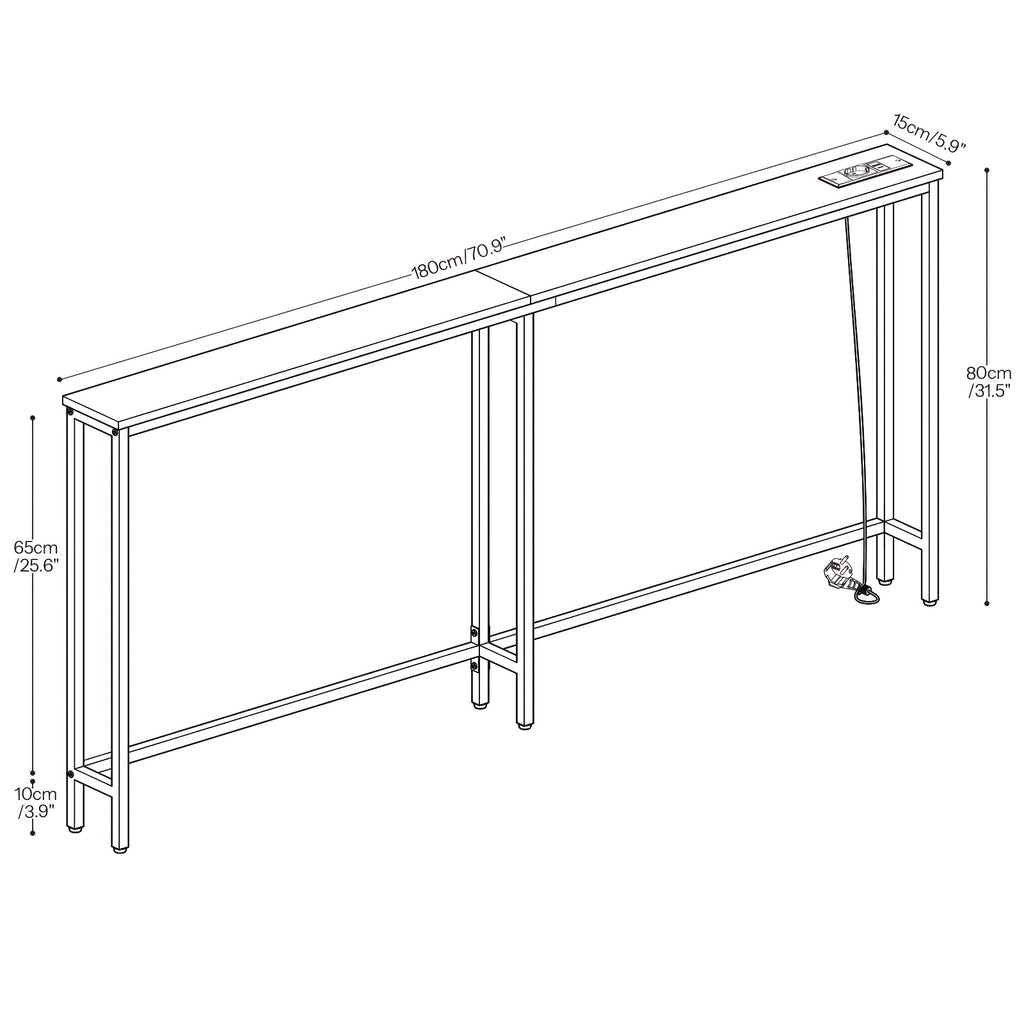 Mesa Estrecha de Consola con Regleta, Mesa de Consola con Estación de Carga, Mesa Estrecha para Sofá, Mesa de Consola Detrás del Sofá, Para Entrada, Pasillo, Marrón Rústico y Negro