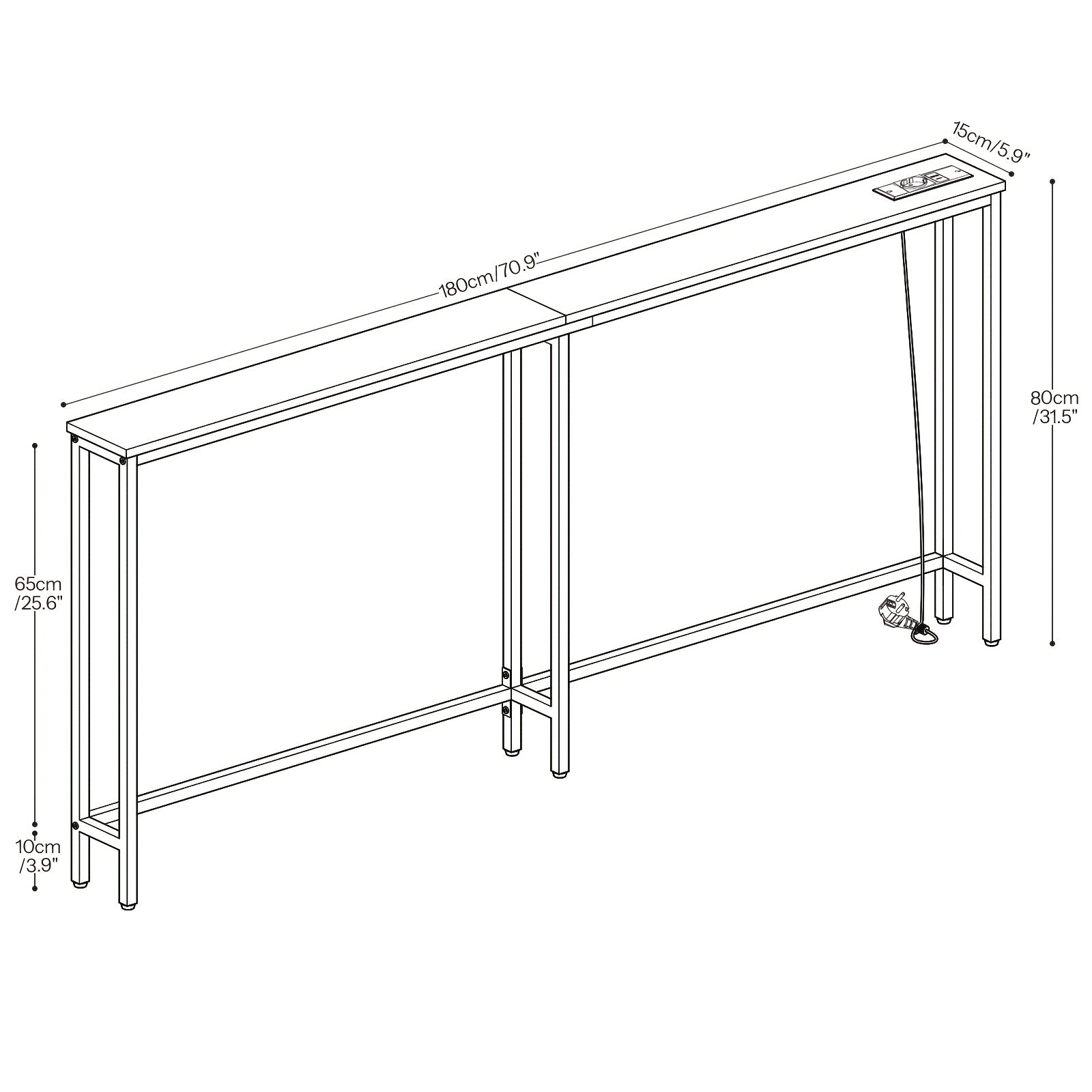 Mesa Estrecha de Consola con Regleta, Mesa de Consola con Estación de Carga, Mesa Estrecha para Sofá, Mesa de Consola Detrás del Sofá, Para Entrada, Pasillo, Marrón Rústico y Negro