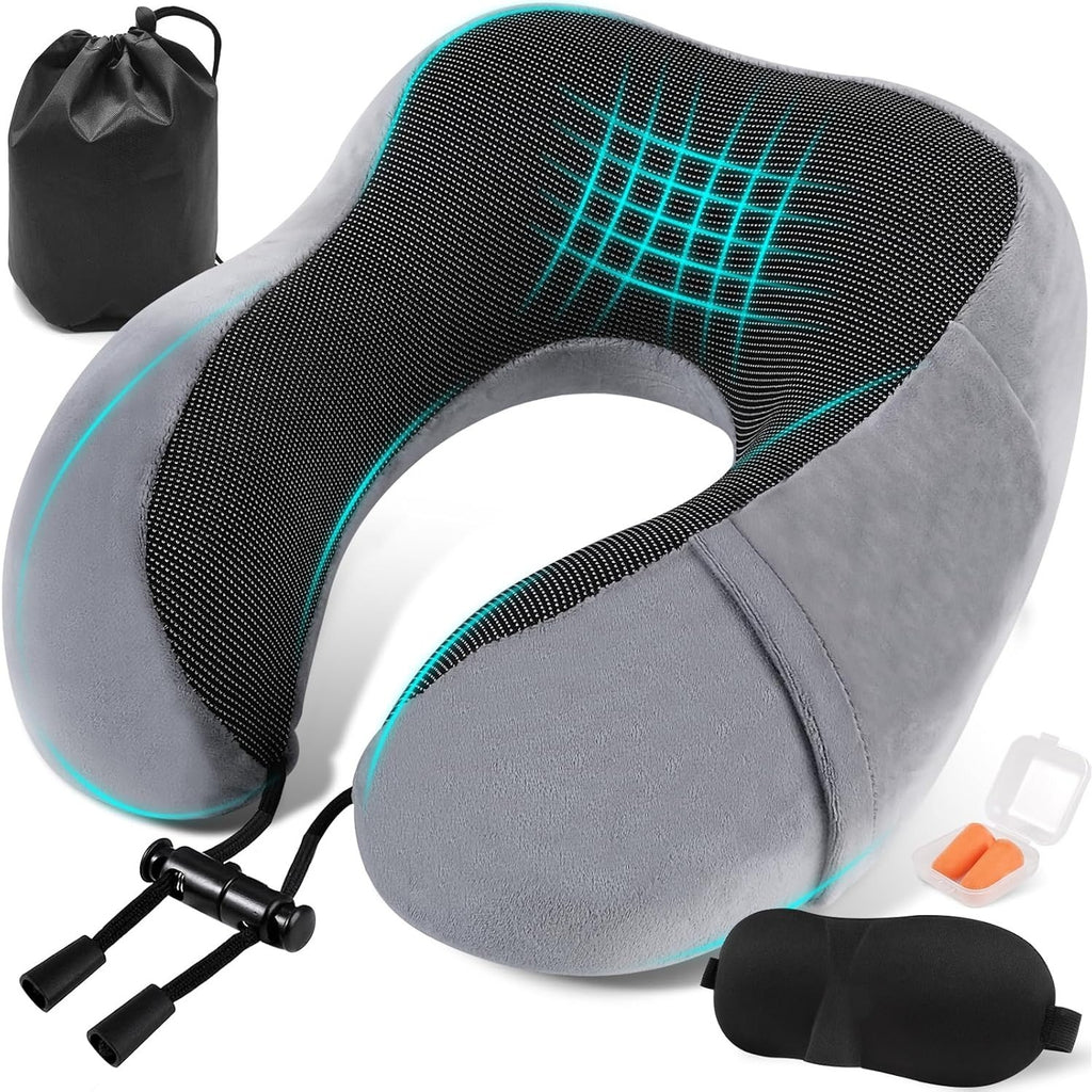 Una Almohada Cervical Ergonómica en Forma de U con Bolsa de Almacenamiento, Espuma de Memoria con Tecnología de Rebote Lento, Funda Lavable a Máquina, Ligera y Portátil para Avión, Oficina y Hogar, Apoya Cuello y Cabeza, Ideal para Siestas, Lectura y Ver