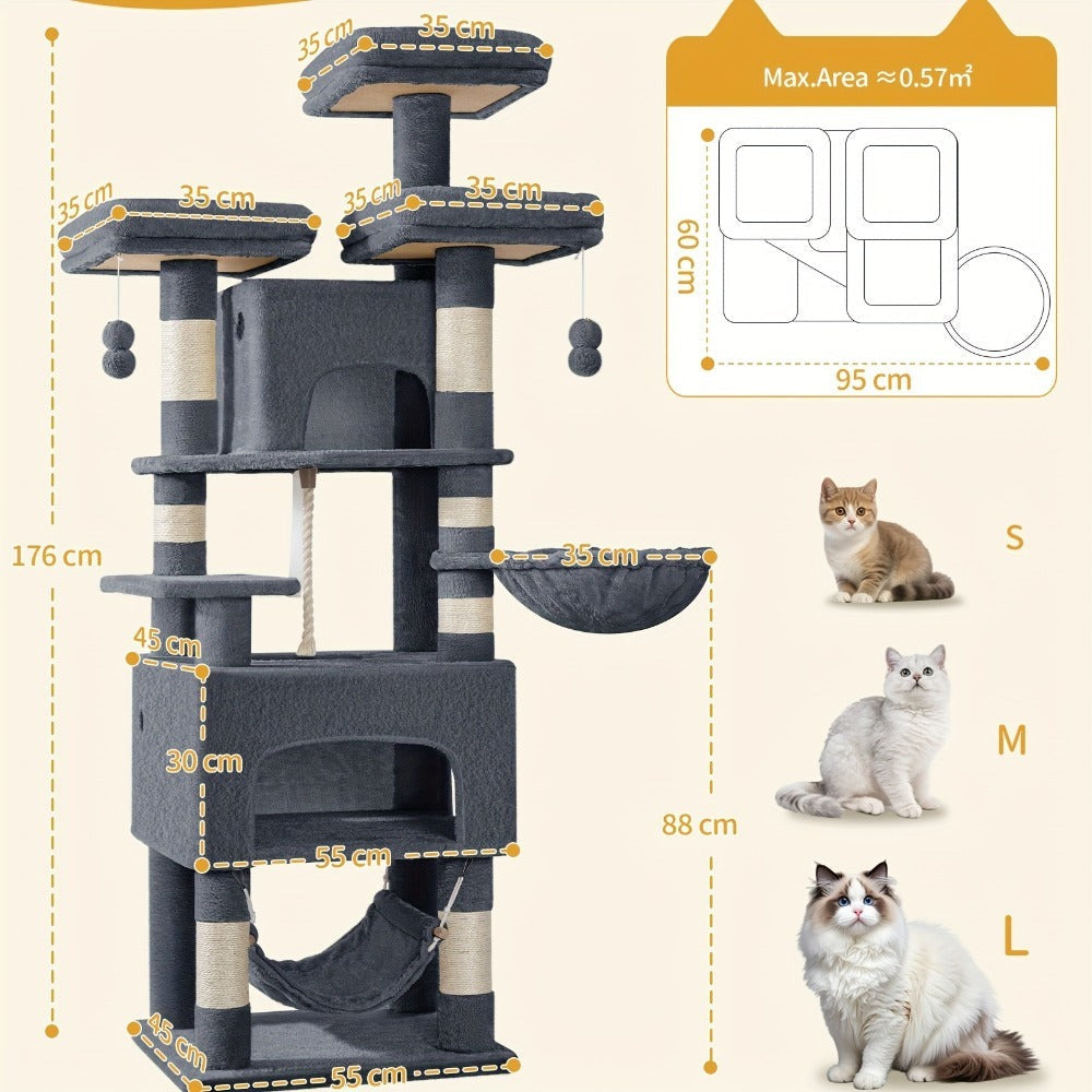 Árbol para gatos, Árbol para gatos de 176 cm, XL, 3 plataformas, 2 cuevas, 7 postes rascadores, hamaca, pelotas de felpa, poste rascador para gatos para hogares con múltiples gatos, Beige
