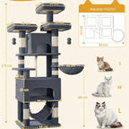Árbol para gatos, Árbol para gatos de 176 cm, XL, 3 plataformas, 2 cuevas, 7 postes rascadores, hamaca, pelotas de felpa, poste rascador para gatos para hogares con múltiples gatos, Beige