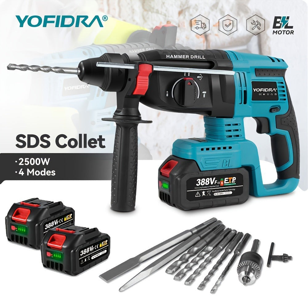Juego de taladro percutor sin escobillas de 26 mm con broca, taladro rotativo de demolición a percusión inalámbrico de 4 velocidades para perforar hormigón, ladrillo y madera, compatible con baterías YOFIDRA