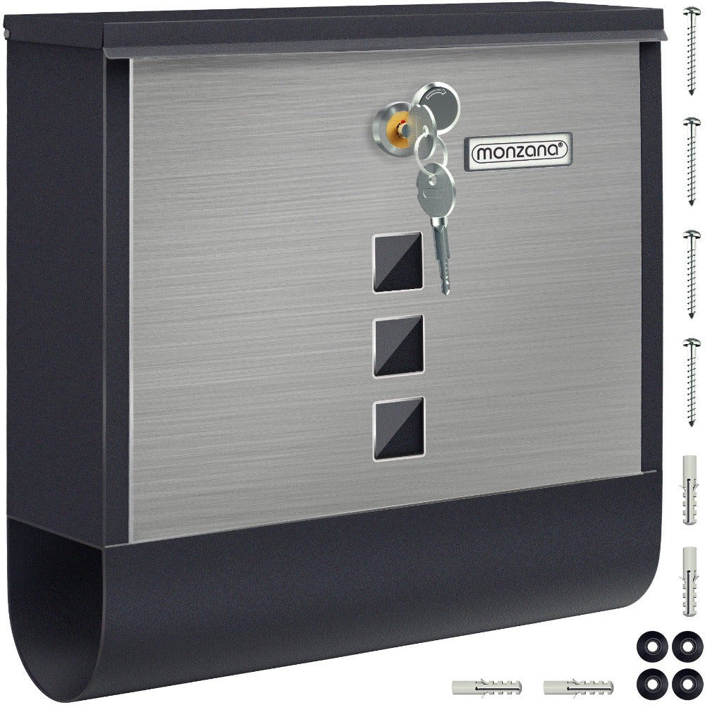 Buzón MONZANA® con Cerradura Cruzada, Cilindro de Cobre, Tapa Giratoria, 31x10x34 cm, Ventana de Visualización, Placa de Identificación, Compartimento para Periódicos, Fácil Instalación, Acero Aleado, 2 Llaves, Caja de Correo