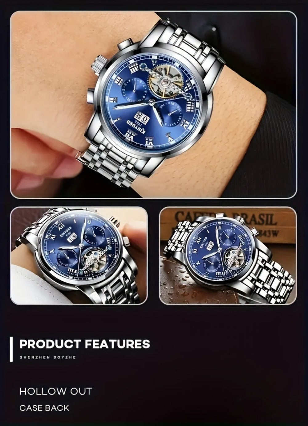 Reloj Mecánico Multifuncional para Hombres, Reloj Deportivo de Moda para Hombres con Carga Automática, Reloj con Parte Posterior Abierta, Regalos de Vacaciones, Sin Batería
