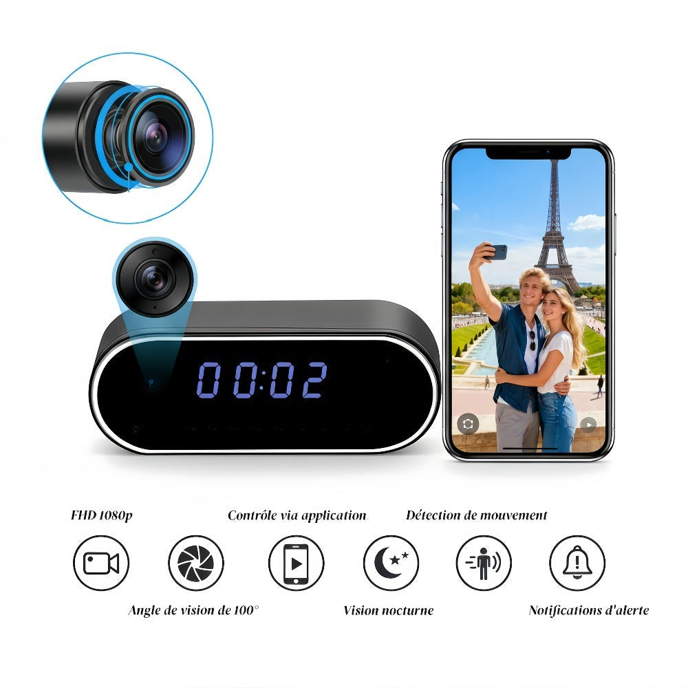 Reloj Wifi de moda con cámara 1080P, visión nocturna, reconocimiento inteligente AI, detección de movimiento, punto de acceso AP de red local, notificación de alarma con video de 6 segundos y correo electrónico, visualización remota en teléfono móvil, bat