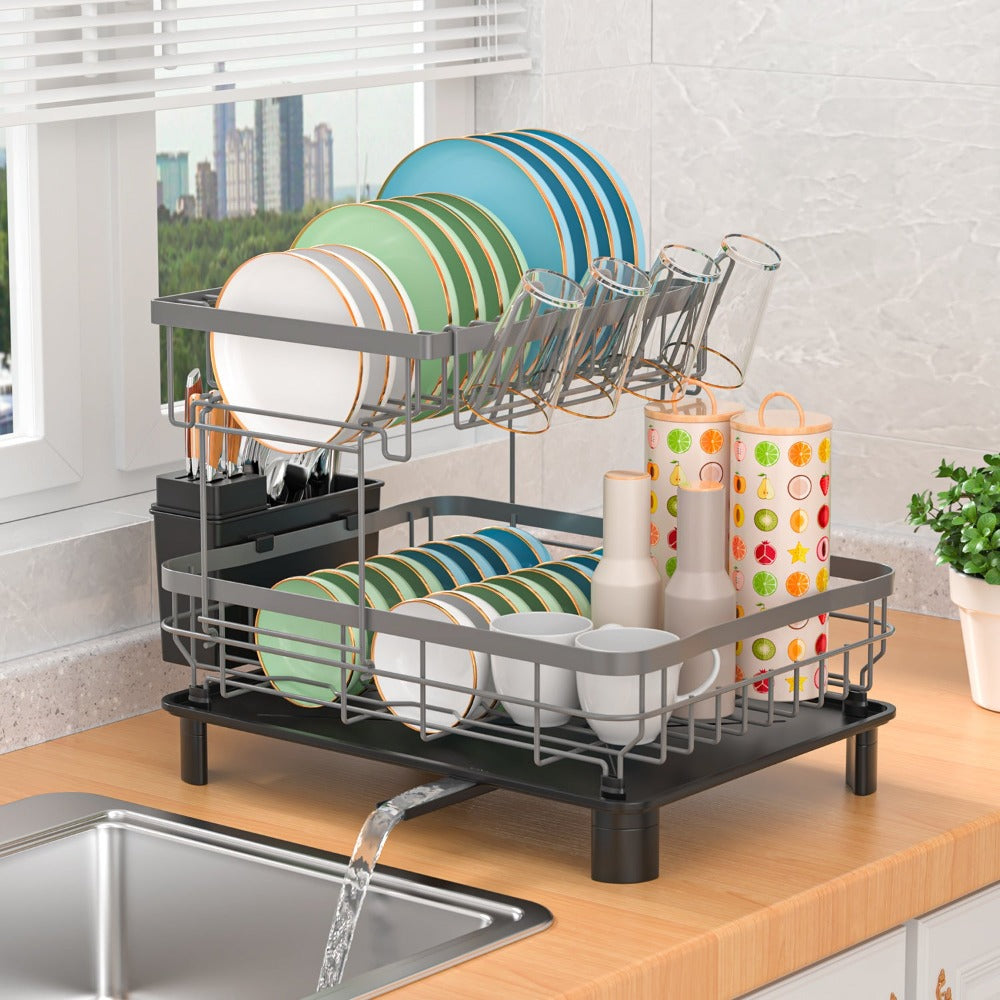 Estante de Platos de Doble Capa, Escurridor de Platos con Plato de Drenaje y Boquilla Giratoria, Estante de Platos con Organizador de Cubiertos y Portavasos - Regalo Perfecto para Mujeres, Esposa, Día de la Madre, Accesorio de Cocina