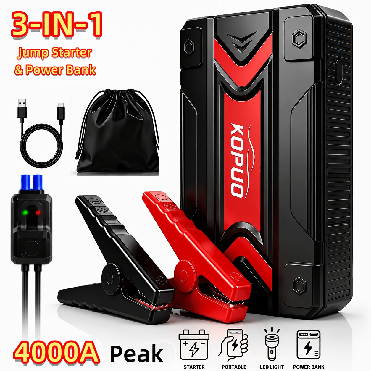 Arrancador portátil de batería de coche KOPUO 6000A - Herramienta profesional de mecánico automotriz (hasta 8.5L gasolina/7L diésel) Banco de baterías de emergencia de 12V con pinzas de seguridad inteligentes, pantalla LCD, diseño de luz LED ultrabrillant