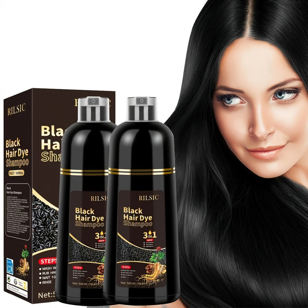 Champú tinte para el cabello 3 en 1 color castaño oscuro, 2 piezas, fórmula herbal natural que cubre el 100 % de las canas para mujeres y hombres, champú de color castaño oscuro de larga duración para teñir en minutos, champú instantáneo para canas de 16.