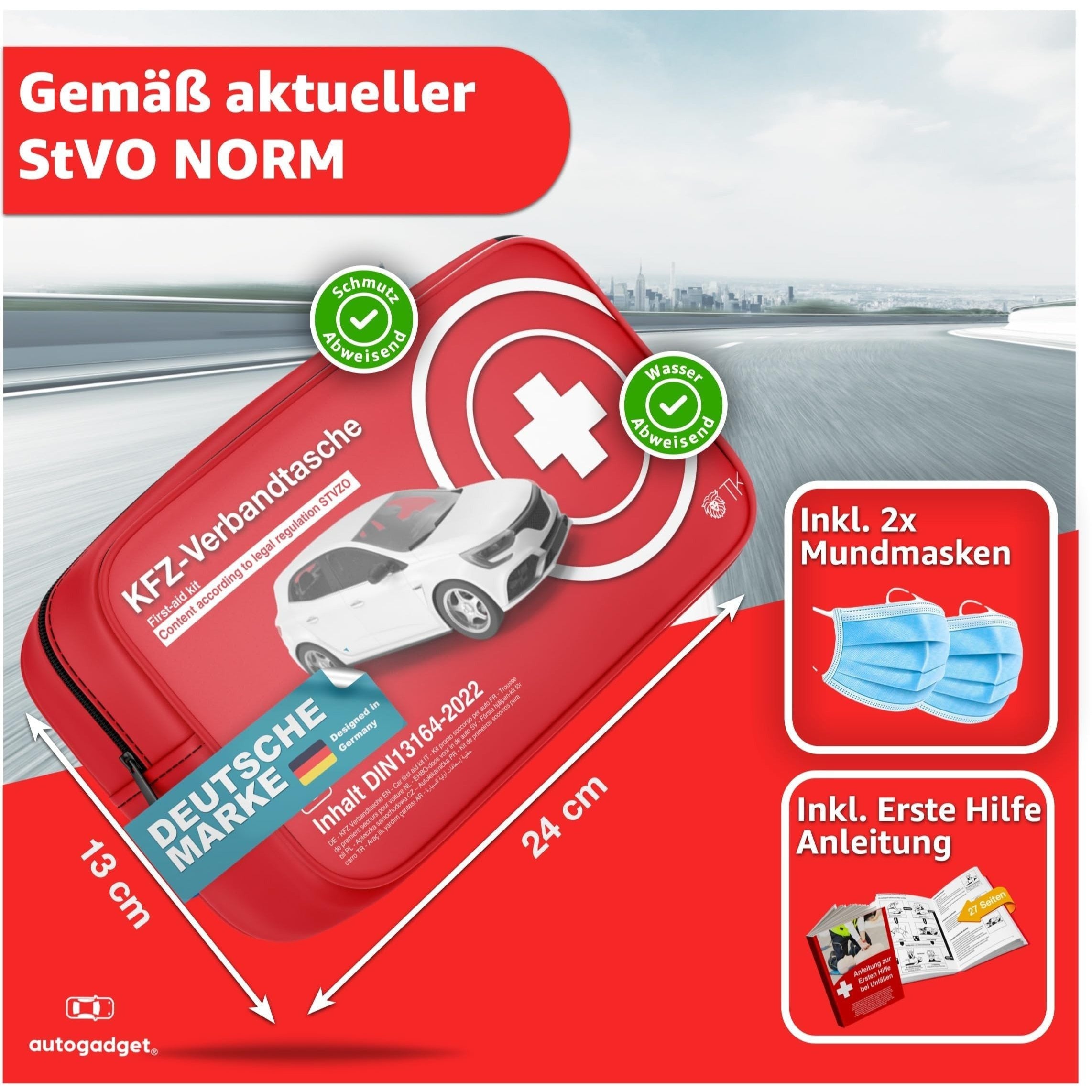 Kit de Primeros Auxilios para Coche TK - 2024 - DIN 13164, Incluye Libro de Instrucciones