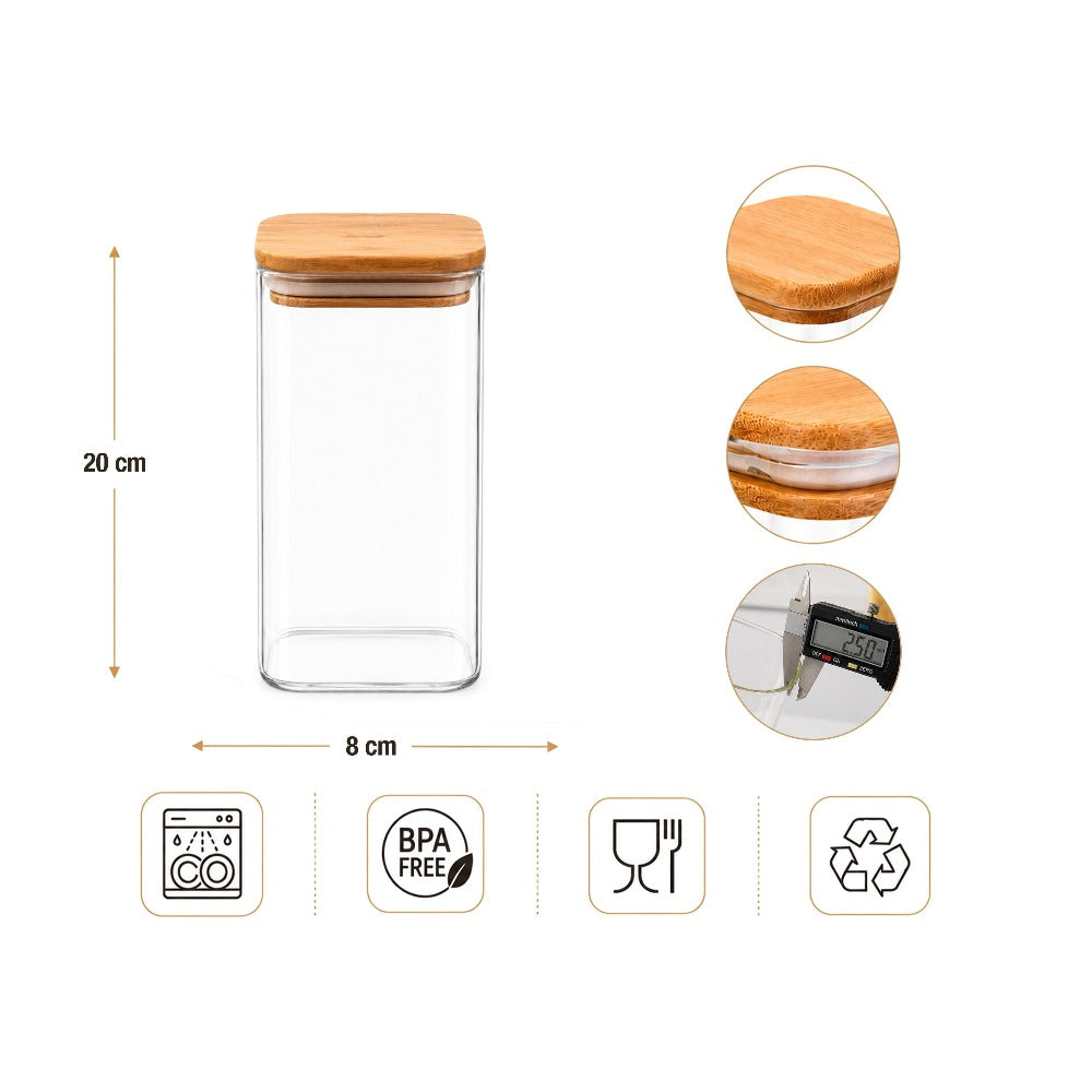 Set de recipientes grandes de vidrio para almacenamiento de alimentos, 4pza.s, 1000Ml | Tarros de cocina altos con tapa de bambú natural y sello de silicona | Contenedores de organización de cocina y despensa para productos secos, espagueti, arroz y cerea