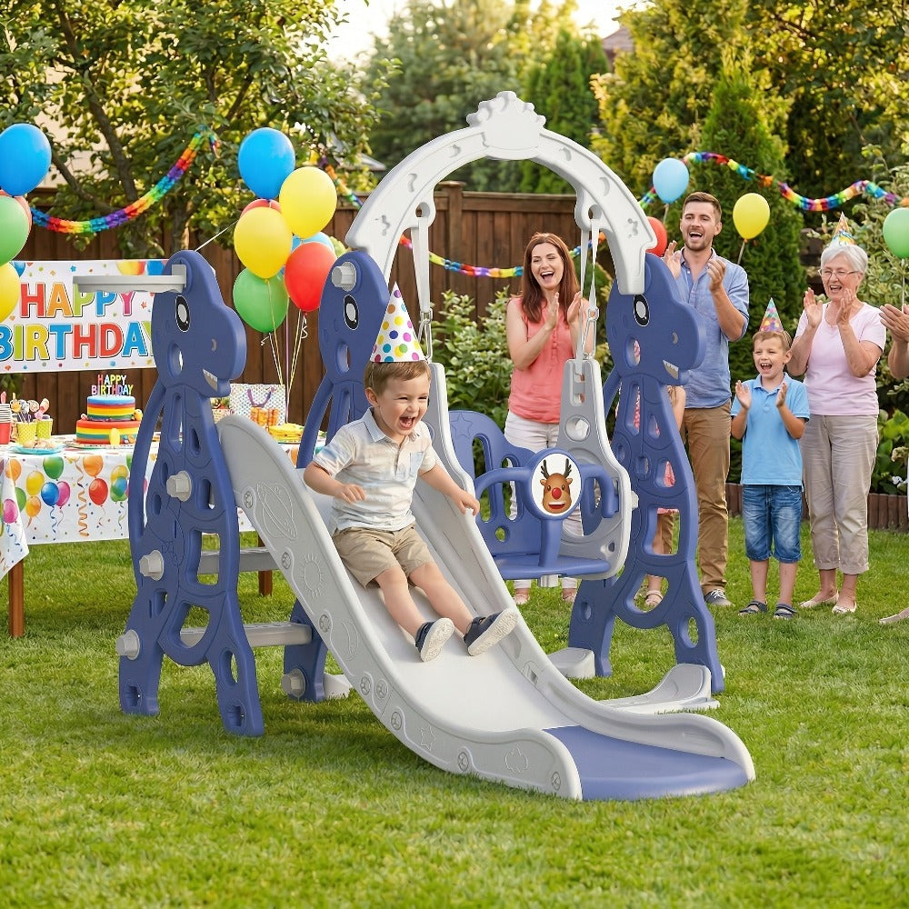 Tobogán infantil arqueado 4 en 1, tobogán infantil con columpio y canasta de baloncesto, longitud del tobogán 145 cm, apto para toboganes infantiles de interior y exterior, toboganes de jardín, toboganes para niños pequeños, parques infantiles