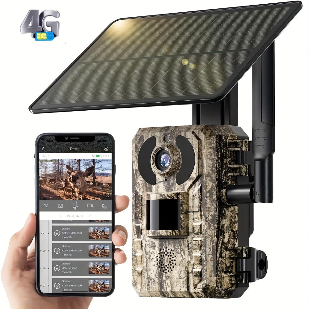 Camara Celular con Energía Solar 3G/4G LTE para Senderos con Transmisión en Vivo de 2.7K, Activación por Movimiento de 0.2s, Visión Nocturna, Almacenamiento en SD/Nube y Tarjeta SIM Incluida - Cámara para Caza y Vida Silvestre al Aire Libre