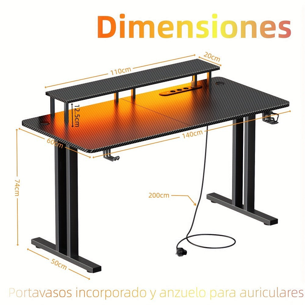 Escritorio LED con puertos de carga USB, escritorio para gaming con soporte para monitor, mesa de ordenador ergonómica con gancho para auriculares y alfombrilla de ratón, escritorio para gamer con superficie de fibra de carbono para dormitorio, , regalo d