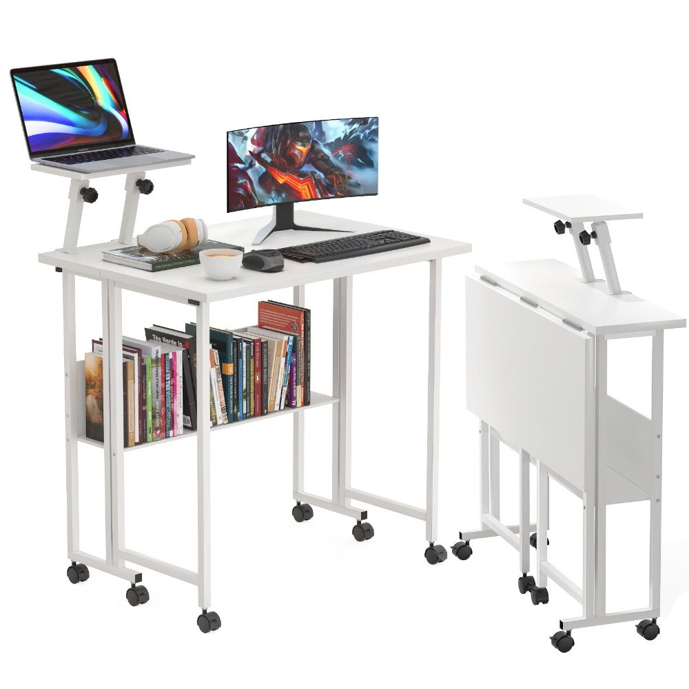 Escritorio Plegable, Escritorio para Computadora con Ruedas y Estantes de Almacenamiento, Escritorio Compacto Ahorrador de Espacio, 80x58x75cm