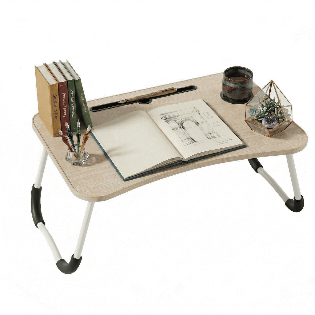 Mesa plegable para cama y sofá con portavasos, mesa auxiliar multifunción con atril para leer en la cama, bandeja multifunción para ordenador, libros, trabajo y estudio en casa (50x30x22cm)