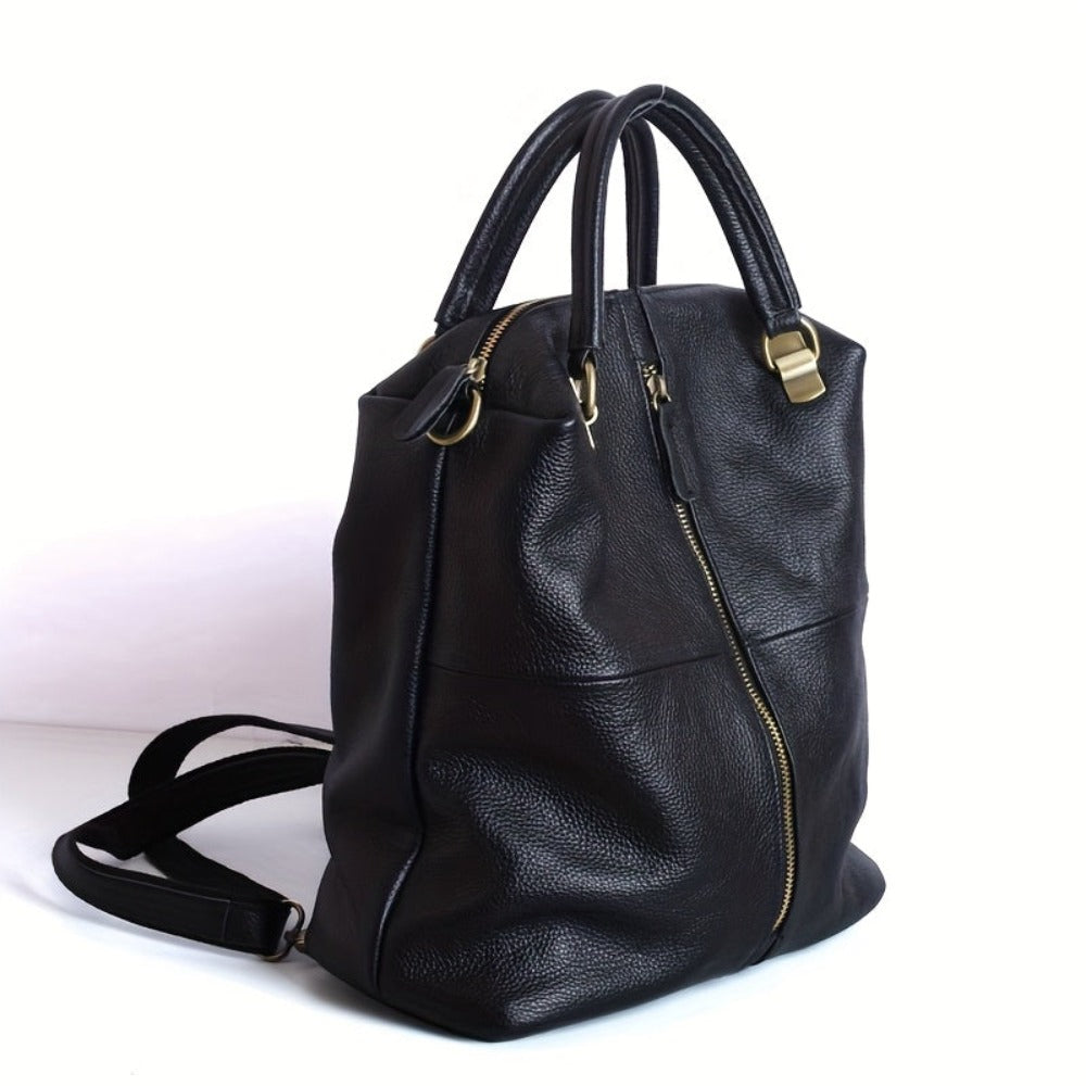 Mochila de cuero genuino para mujer - Diseño elegante y minimalista con herrajes dorados, compartimentos grandes con cremallera y correa de hombro ajustable, versátil para trabajo, viajes y uso diario, bolso de mano de lujo con forro acolchado