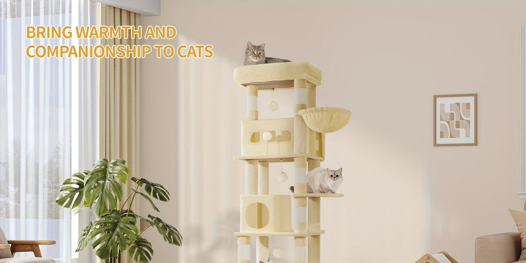 Torre para gatos de interior, 170 cm de alto, casa espaciosa de varios niveles con condominio, 8 postes para rascar, una hamaca y 4 pompones