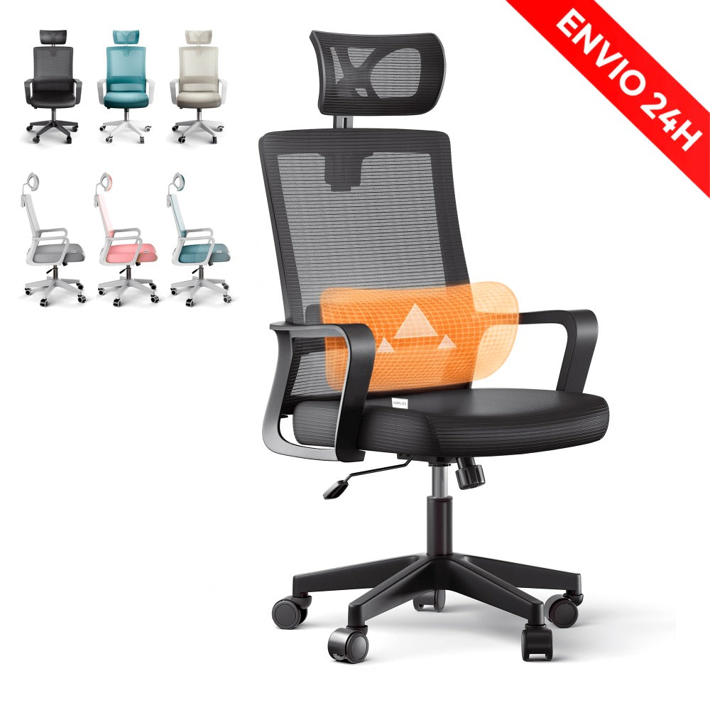 RELAXTY Silla de Oficina Ergonómica – Ajustable y Reclinable con Reposacabezas, Soporte Lumbar, Malla Transpirable y Ruedas 360° | Soporta Hasta 100 kg